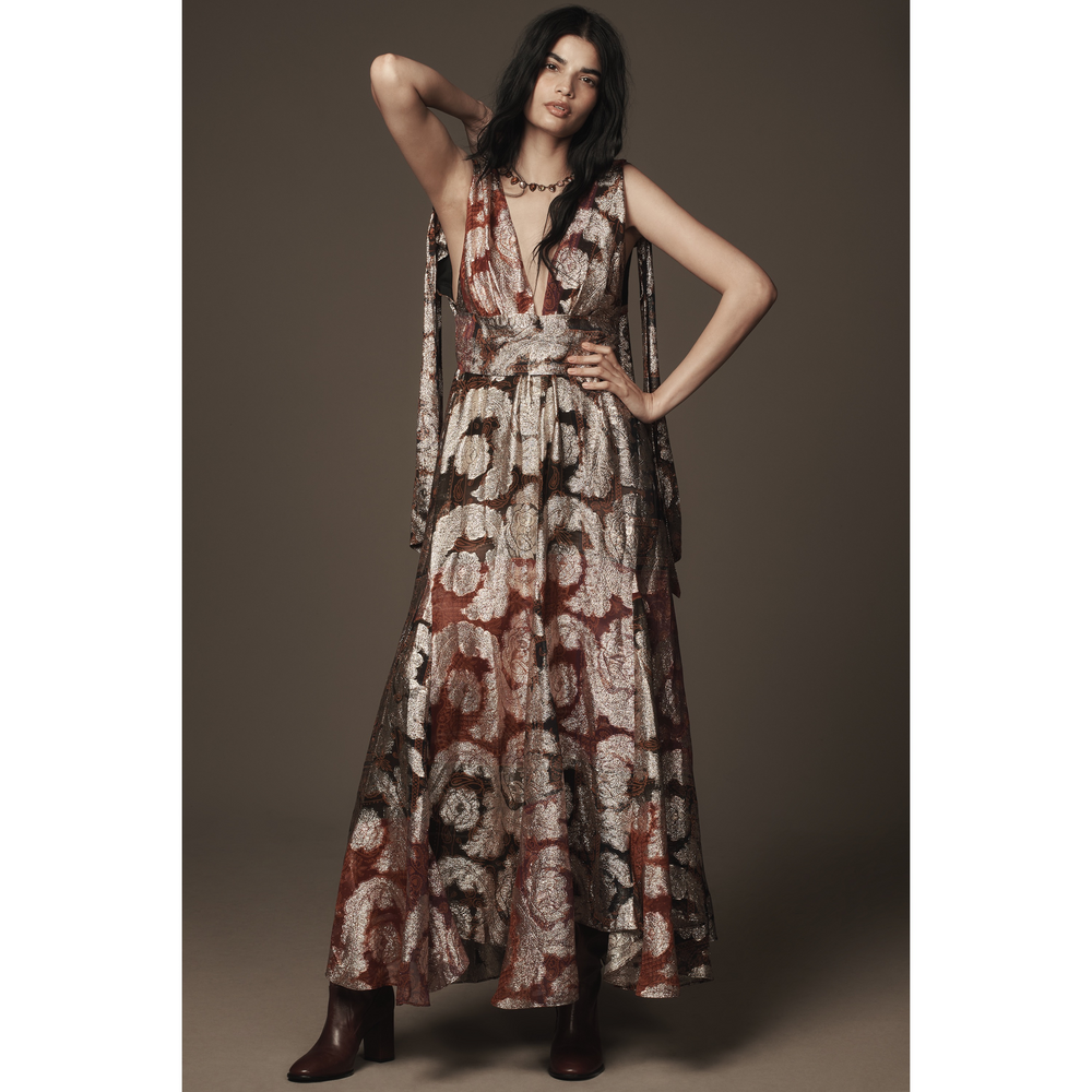Farm Rio Sleeveless V-Neck Jacquard Lurex A-Line Maxi Dress in Red - Picture 1 of 4